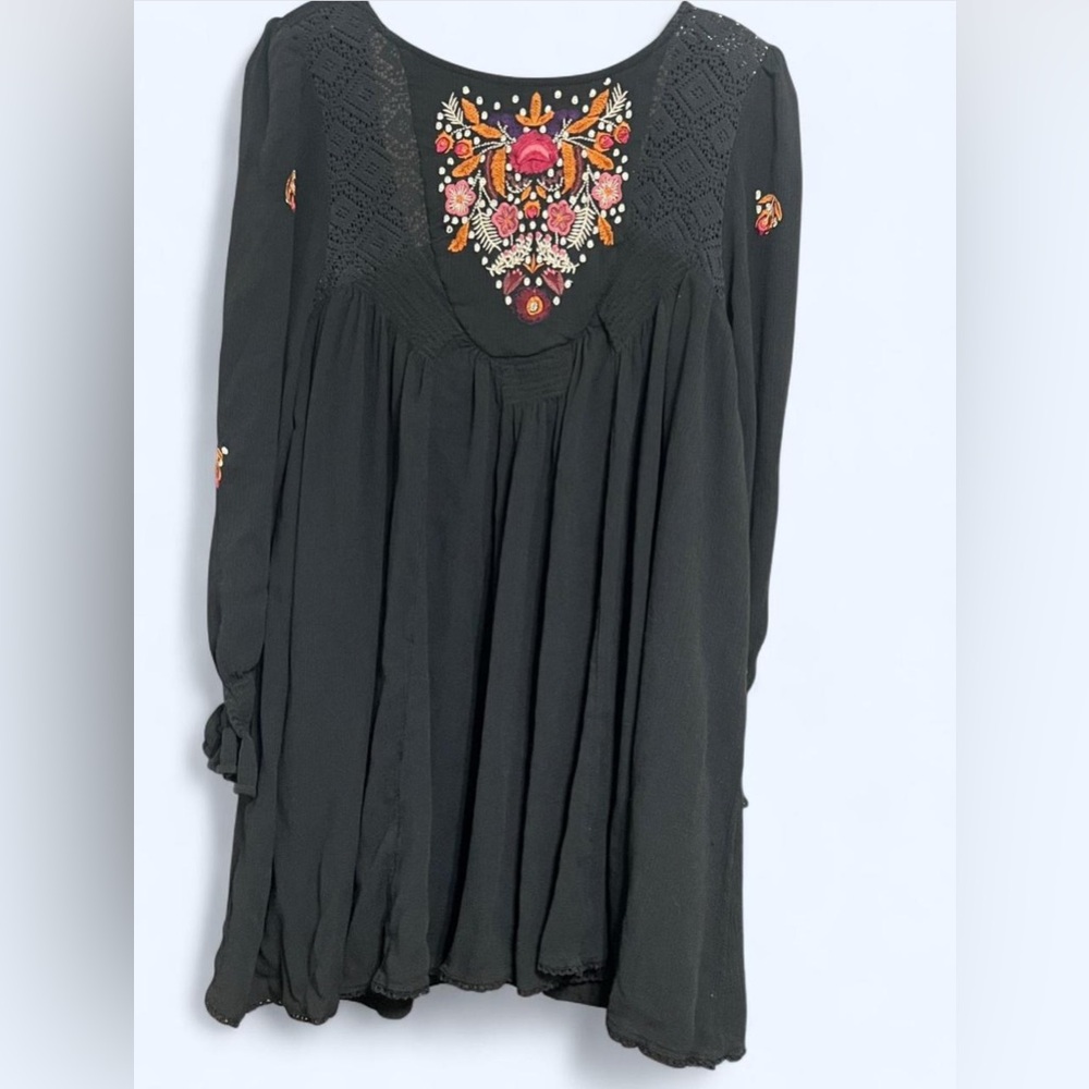 Free People Black Embroidered Boho Tunic Mini Dress Crochet Lace Festival